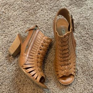 Paul Green Cayanne Peep Toe Woven Ankle Boots Bootie Leather Brown Tan Size 9